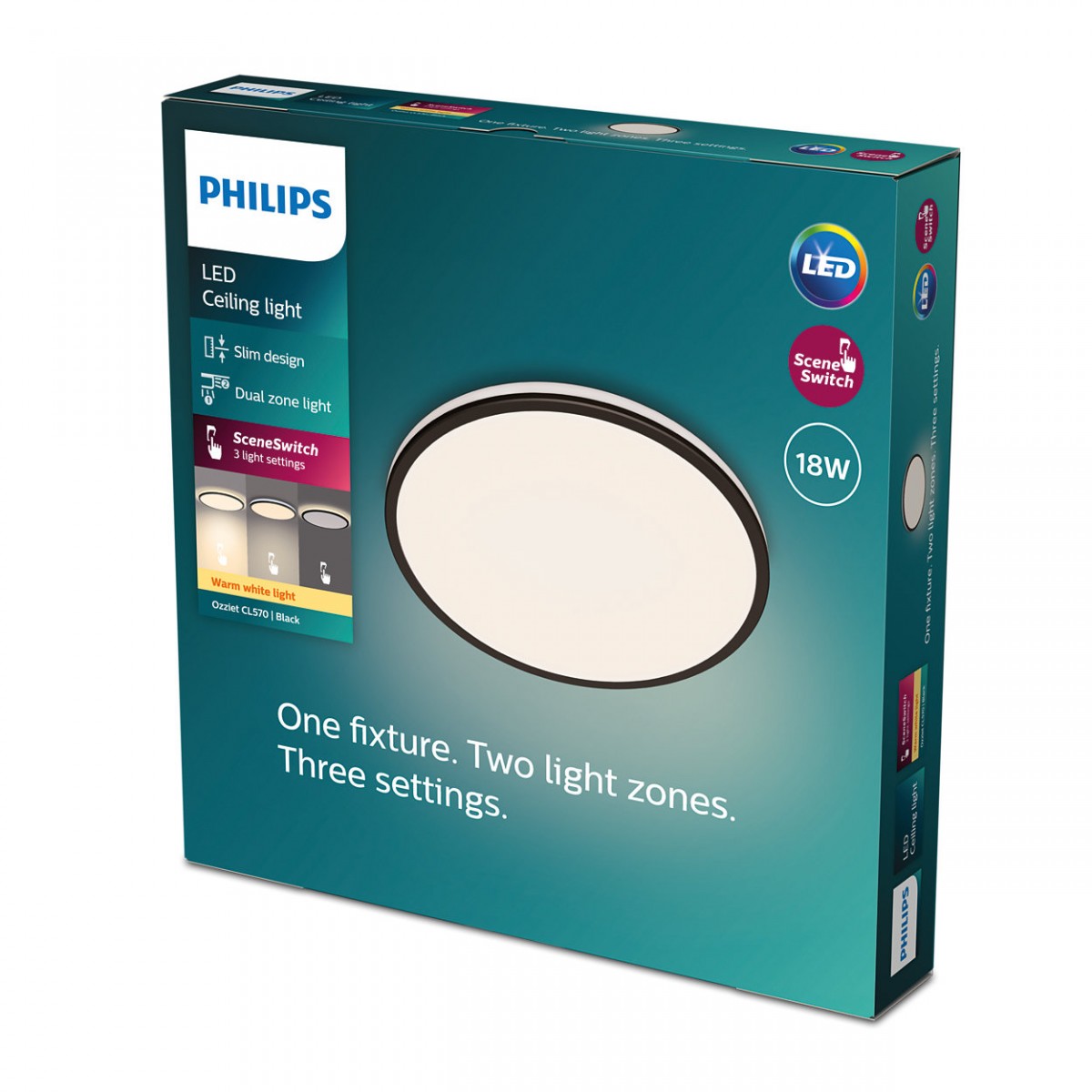 Philips 8719514431928 LED-Deckenleuchte Ozziet schwarz | dimmbar 1800lm - 2700K 1x18W - | SceneSwitch